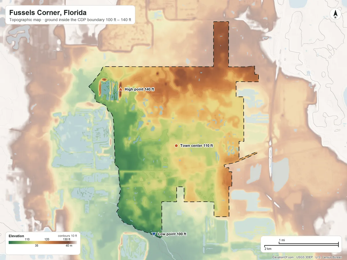 Topographic elevation map of Fussels Corner, Florida, shaded from 100 ft on the south side to 140 ft on the northwest side
