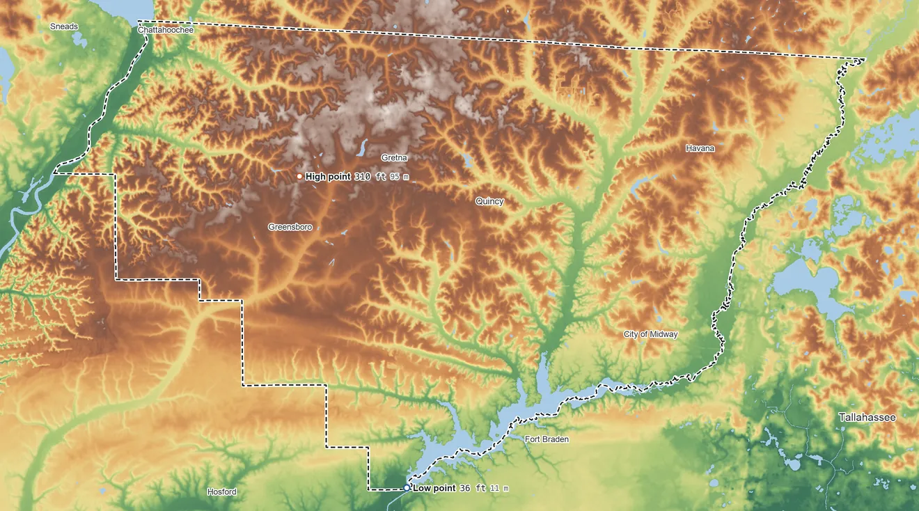 Topographic elevation map of Gadsden County, Florida, shaded from 36 ft on the south side to 310 ft on the northwest side