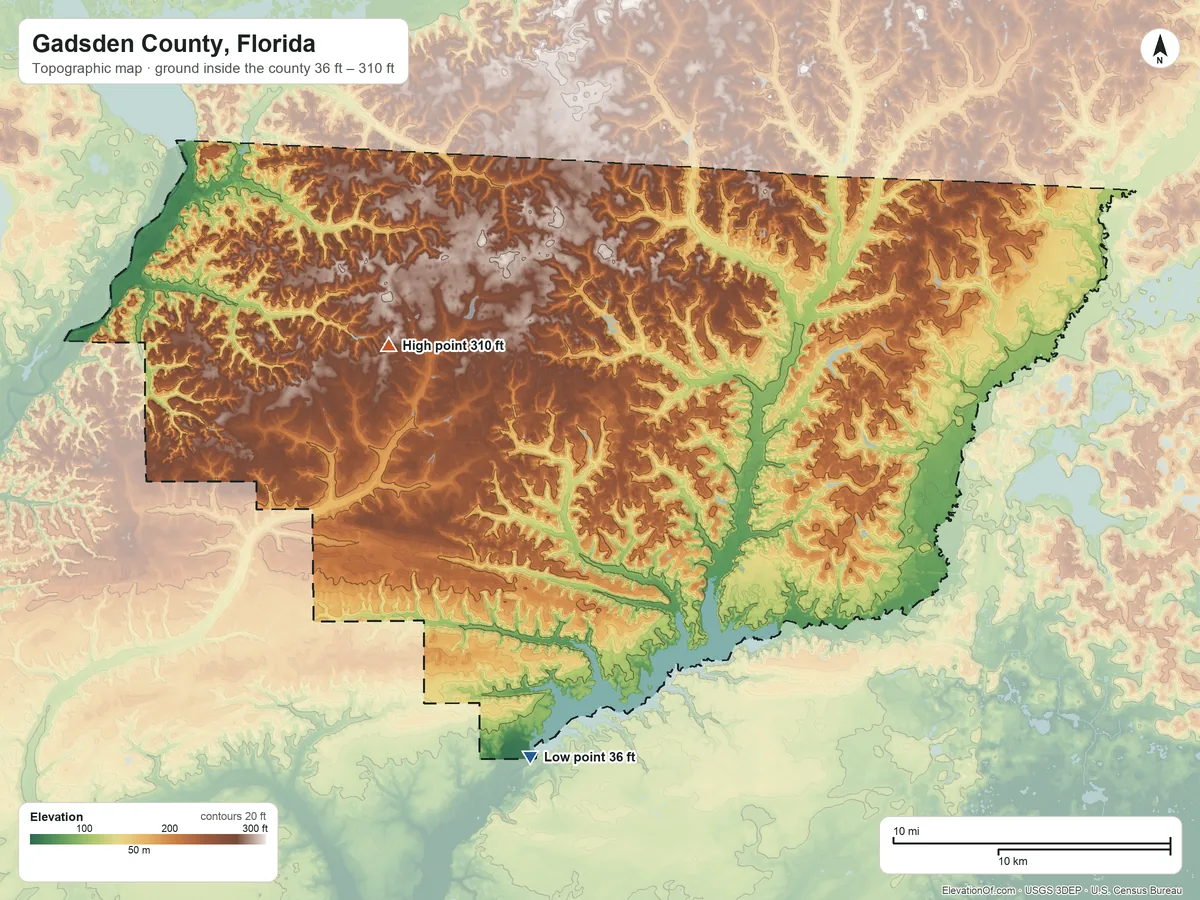 Topographic elevation map of Gadsden County, Florida, shaded from 36 ft on the south side to 310 ft on the northwest side