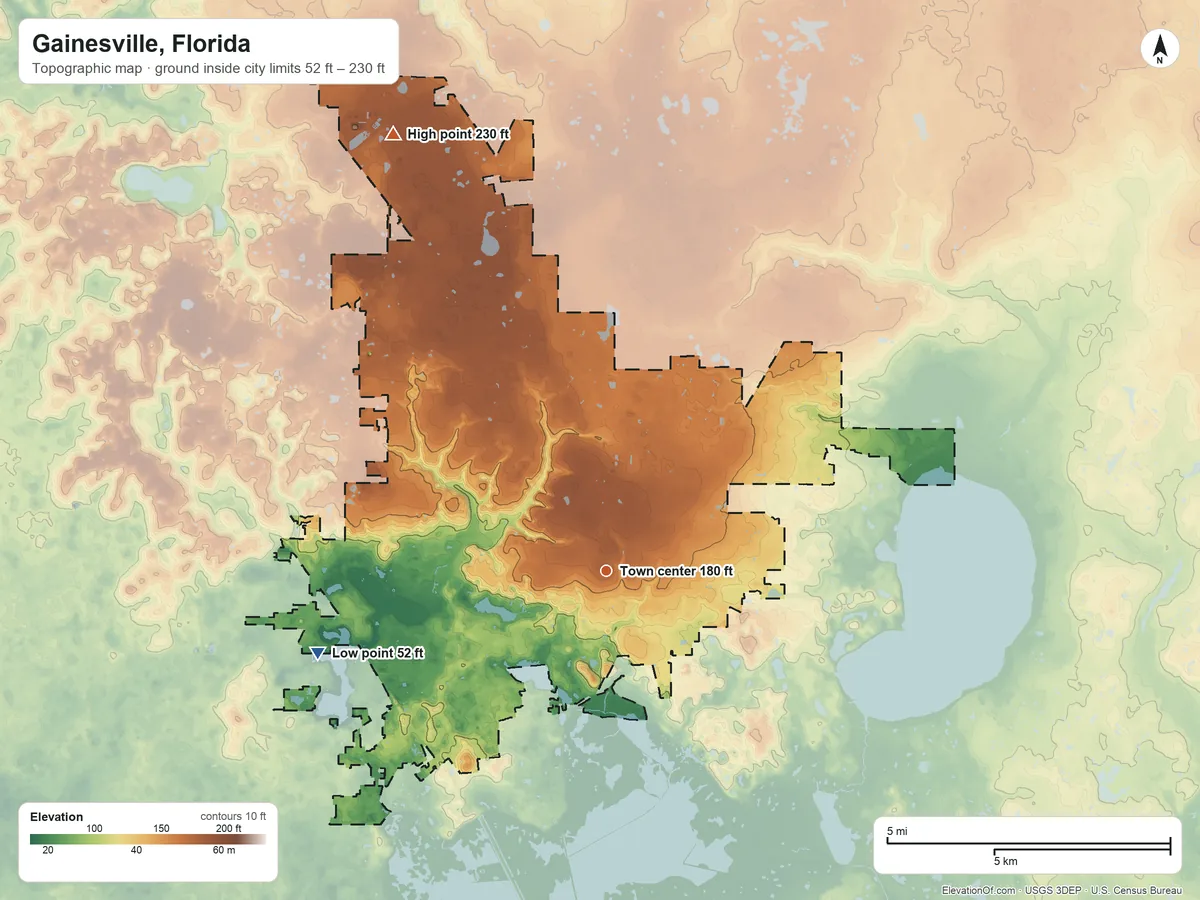 Topographic elevation map of Gainesville, Florida, shaded from 52 ft on the west side to 230 ft on the northwest side