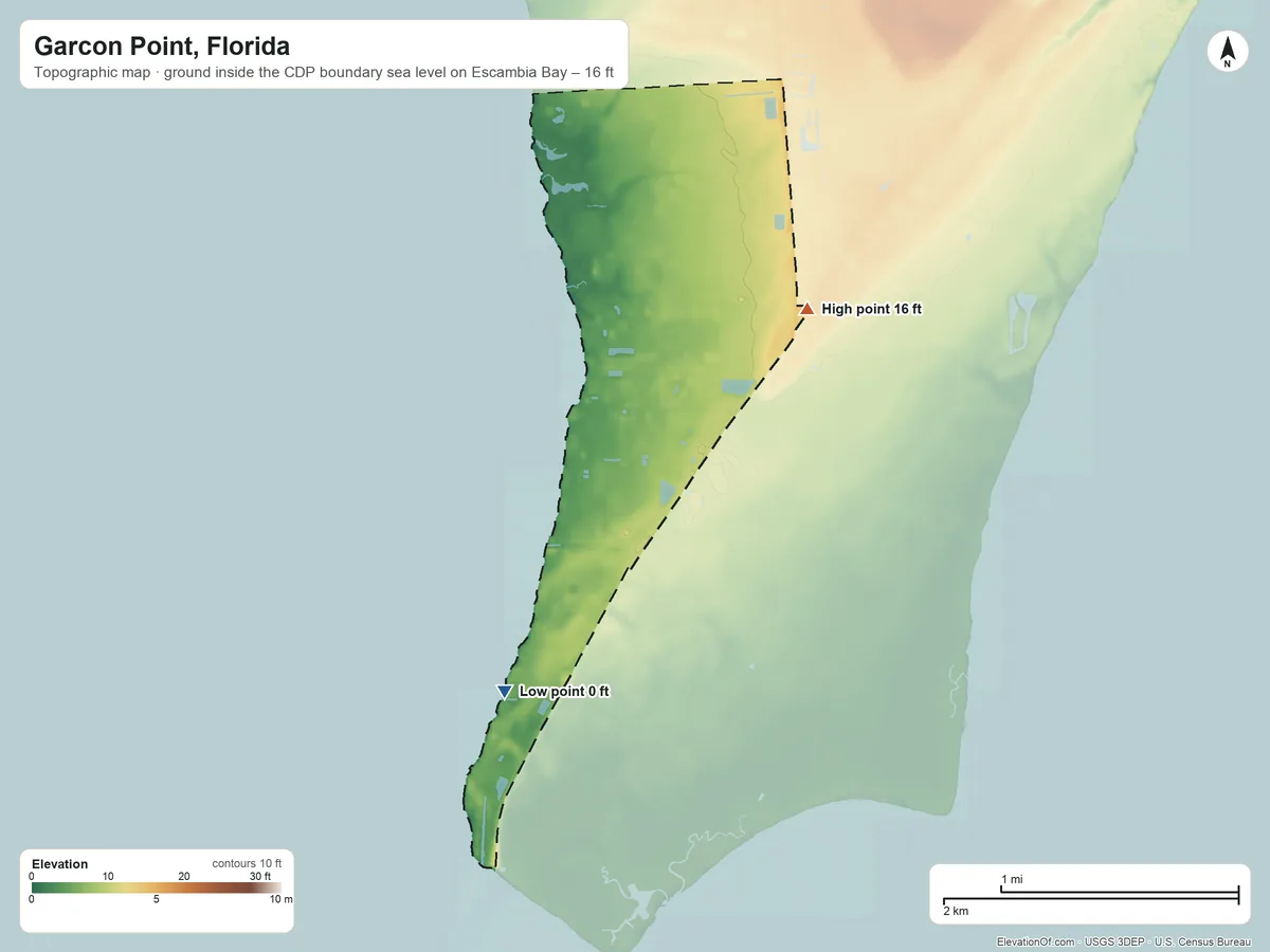 Topographic elevation map of Garcon Point, Florida, shaded from sea level level on Escambia Bay to 16 ft on the east side