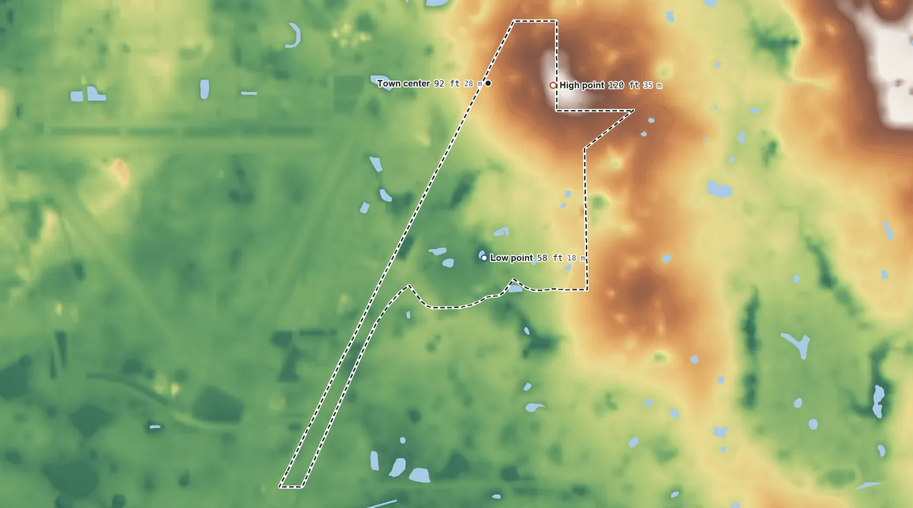 Topographic elevation map of Garden Grove, Florida, shaded from 58 ft on the south side to 120 ft on the east side