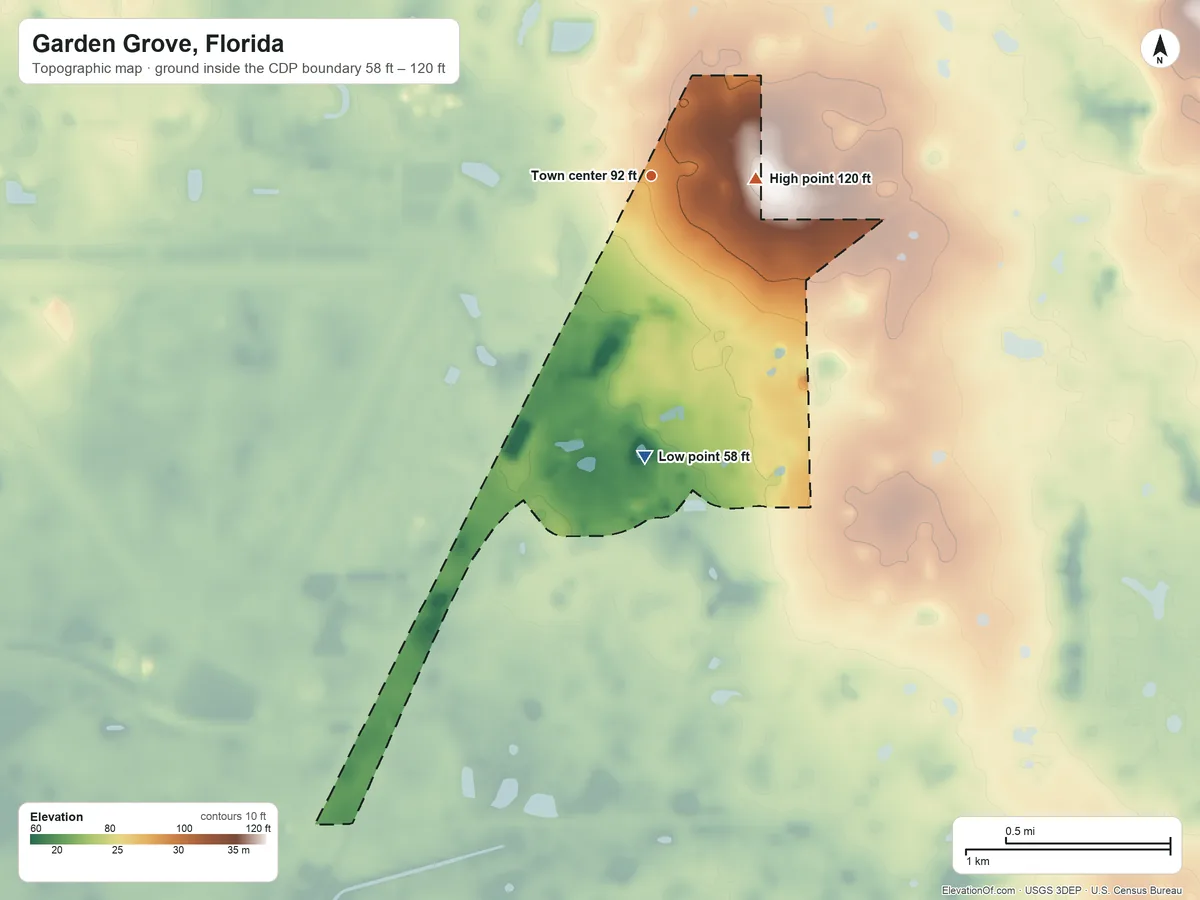 Topographic elevation map of Garden Grove, Florida, shaded from 58 ft on the south side to 120 ft on the east side