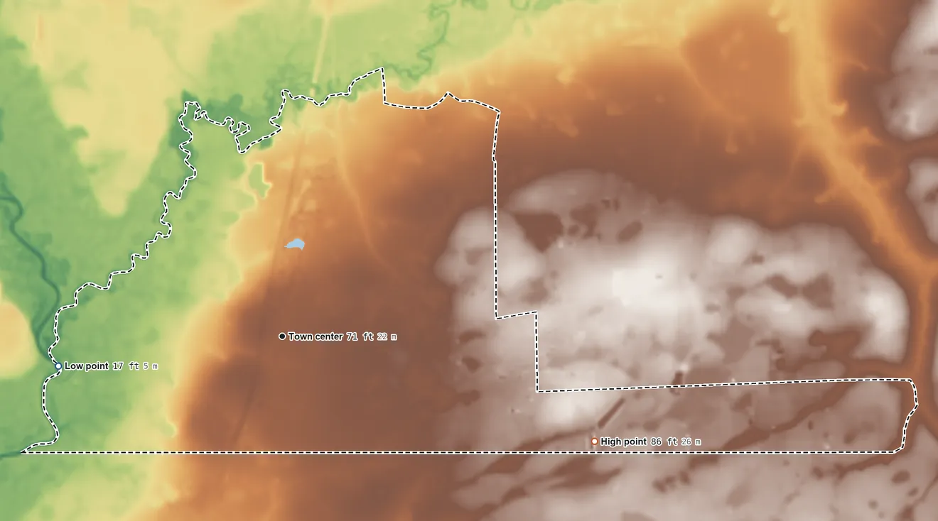 Topographic elevation map of Gardner, Florida, shaded from 17 ft on the west side to 86 ft on the east side