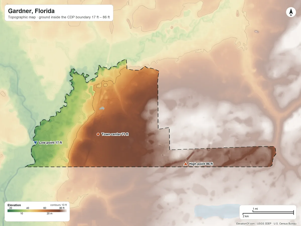 Topographic elevation map of Gardner, Florida, shaded from 17 ft on the west side to 86 ft on the east side