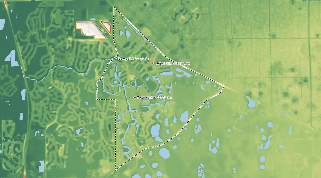 Topographic elevation map of Gateway, Florida, shaded from 19 ft on the northwest side to 34 ft on the northeast side