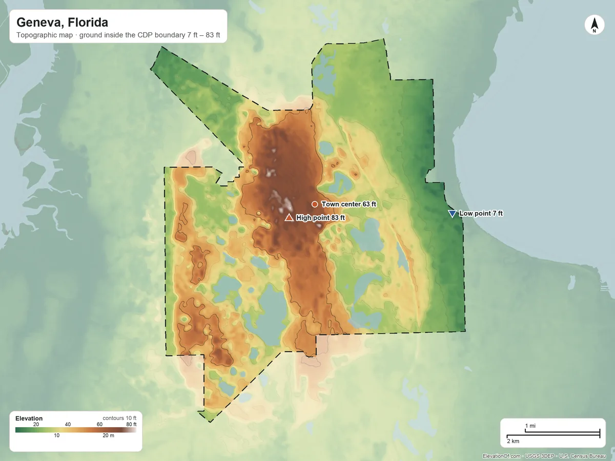 Topographic elevation map of Geneva, Florida, shaded from 7 ft on the east side to 83 ft near the middle