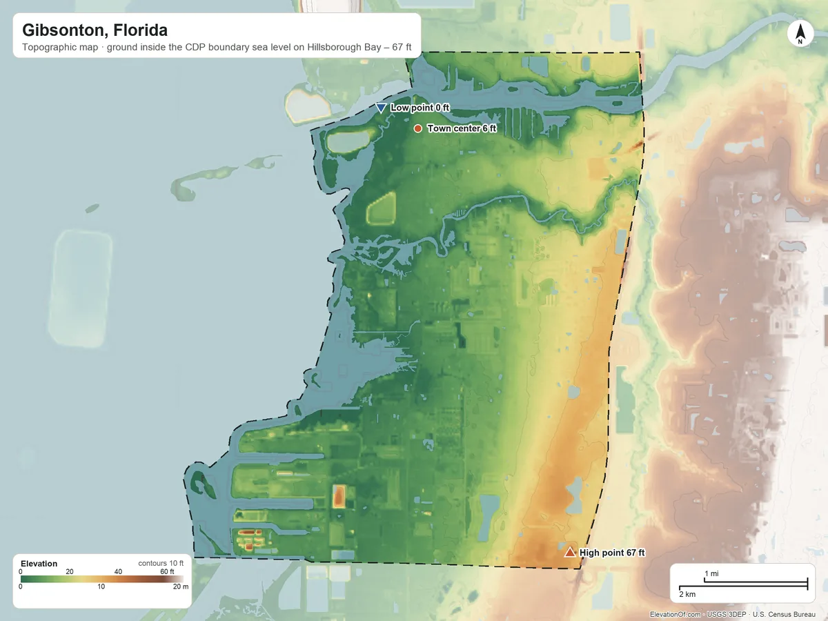 Topographic elevation map of Gibsonton, Florida, shaded from sea level level on Hillsborough Bay to 67 ft on the south side