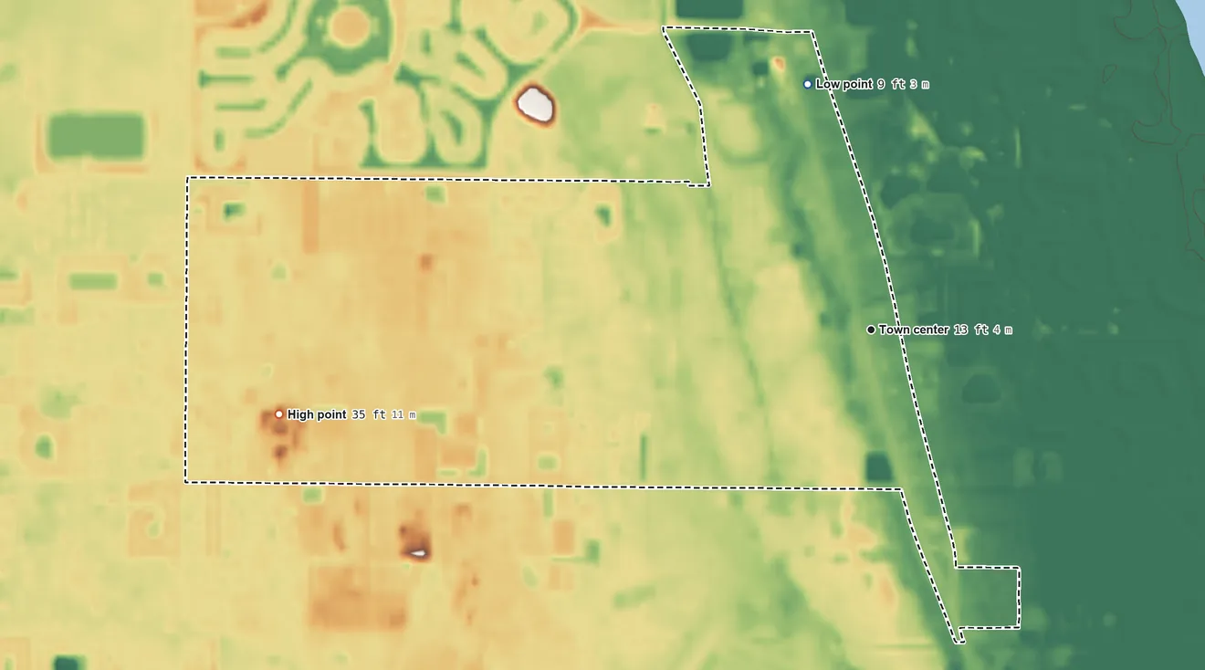 Topographic elevation map of Gifford, Florida, shaded from 9 ft on the north side to 35 ft on the west side