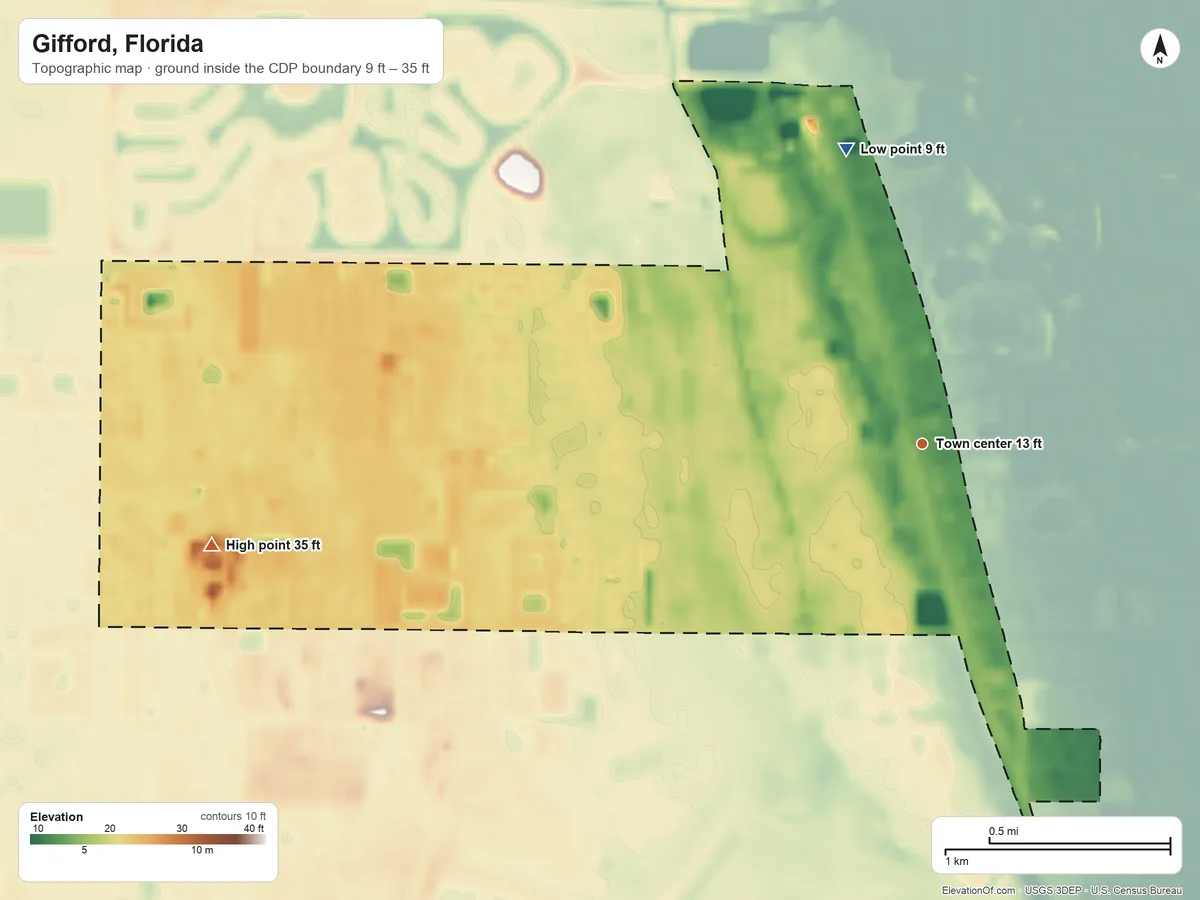 Topographic elevation map of Gifford, Florida, shaded from 9 ft on the north side to 35 ft on the west side