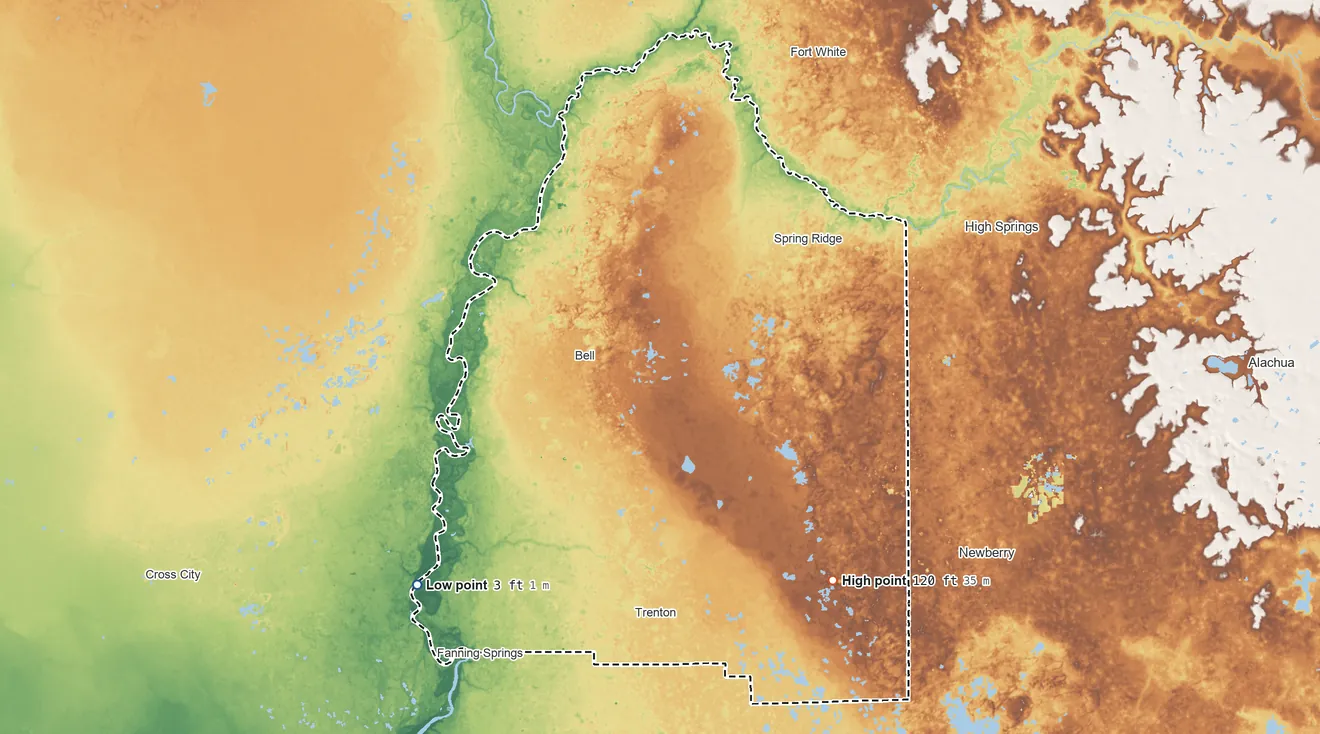 Topographic elevation map of Gilchrist County, Florida, shaded from 3 ft on the southwest side to 120 ft on the southeast side