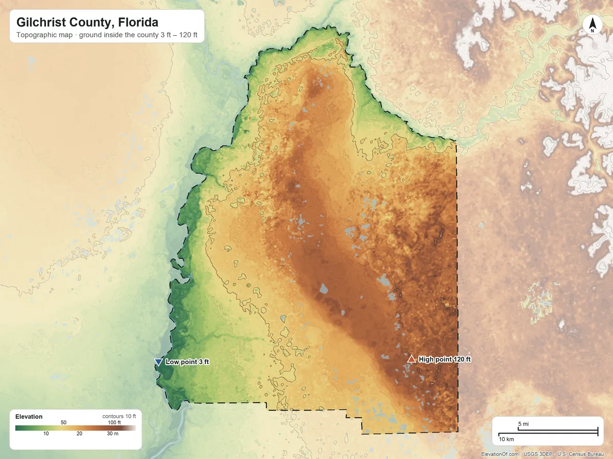 Topographic elevation map of Gilchrist County, Florida, shaded from 3 ft on the southwest side to 120 ft on the southeast side