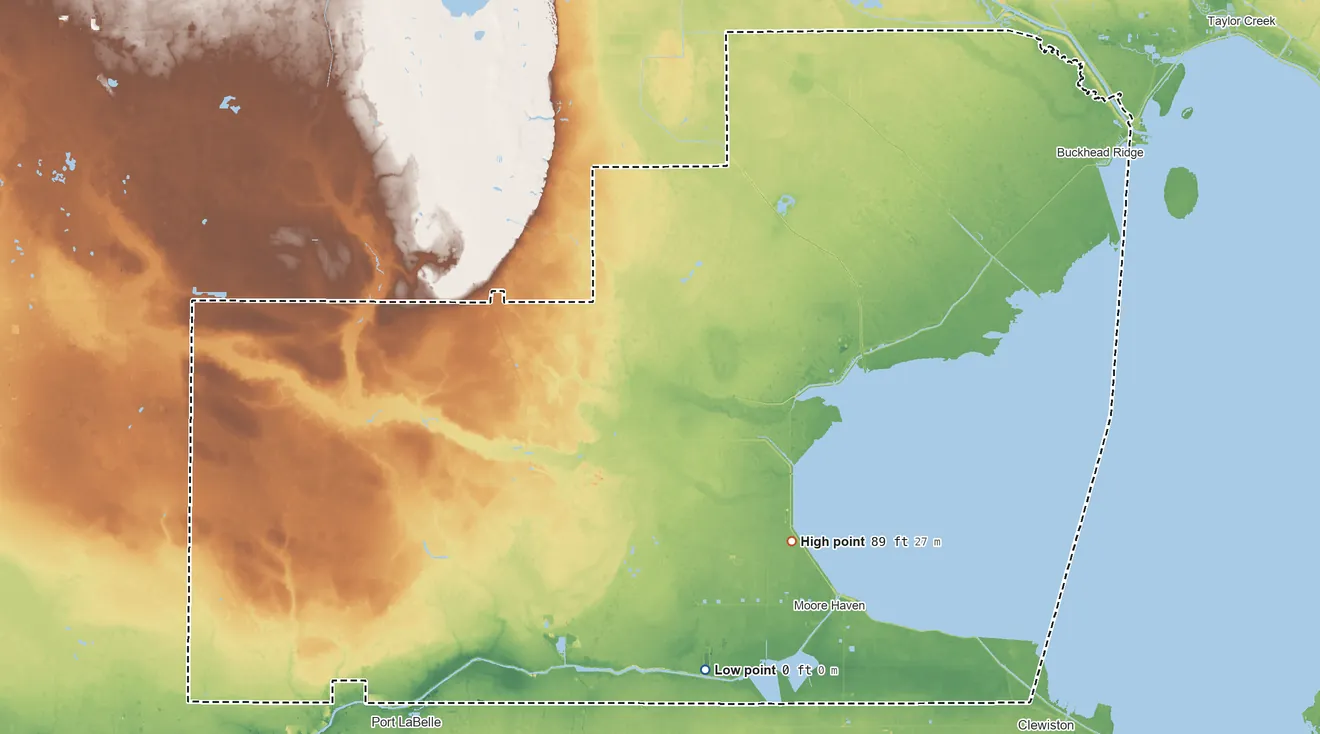Topographic elevation map of Glades County, Florida, shaded from 0 ft on the south side to 89 ft on the southeast side