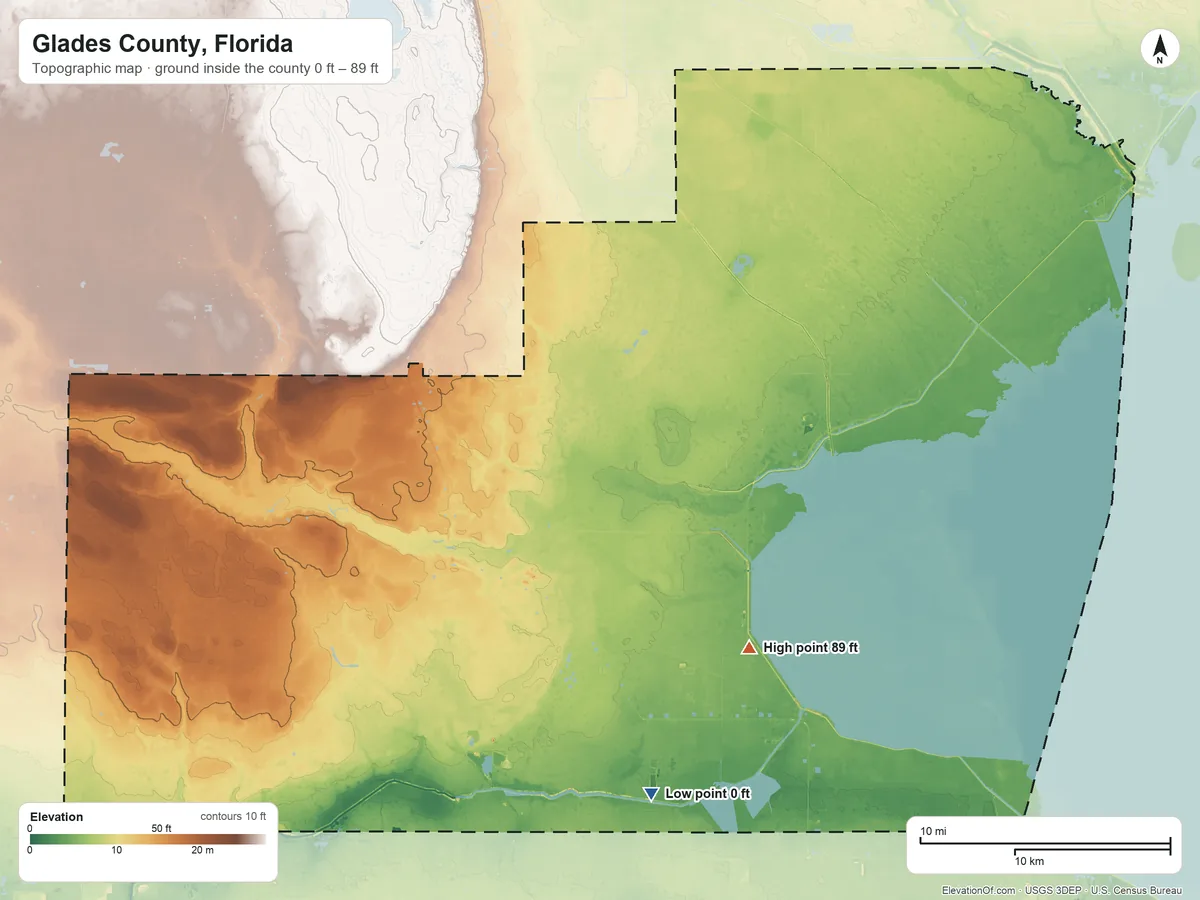 Topographic elevation map of Glades County, Florida, shaded from 0 ft on the south side to 89 ft on the southeast side