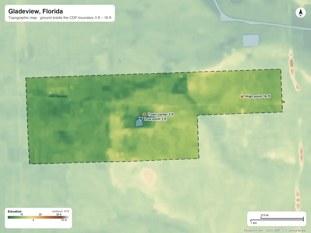 Topographic elevation map of Gladeview, Florida, shaded from 3 ft near the middle to 16 ft on the east side
