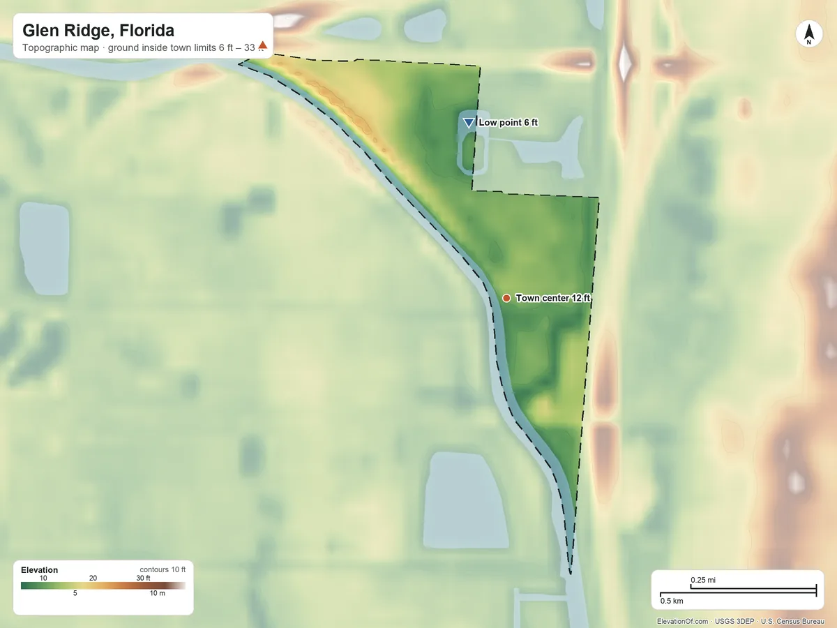 Topographic elevation map of Glen Ridge, Florida, shaded from 6 ft on the north side to 33 ft on the northwest side