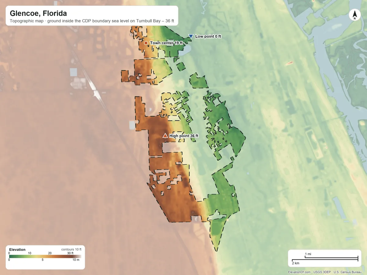 Topographic elevation map of Glencoe, Florida, shaded from sea level level on Turnbull Bay to 36 ft on the south side