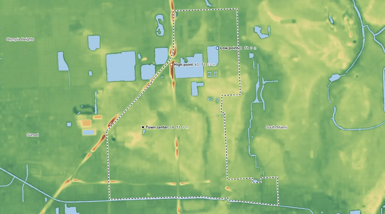 Topographic elevation map of Glenvar Heights, Florida, shaded from 1 ft on the northeast side to 41 ft on the northeast side