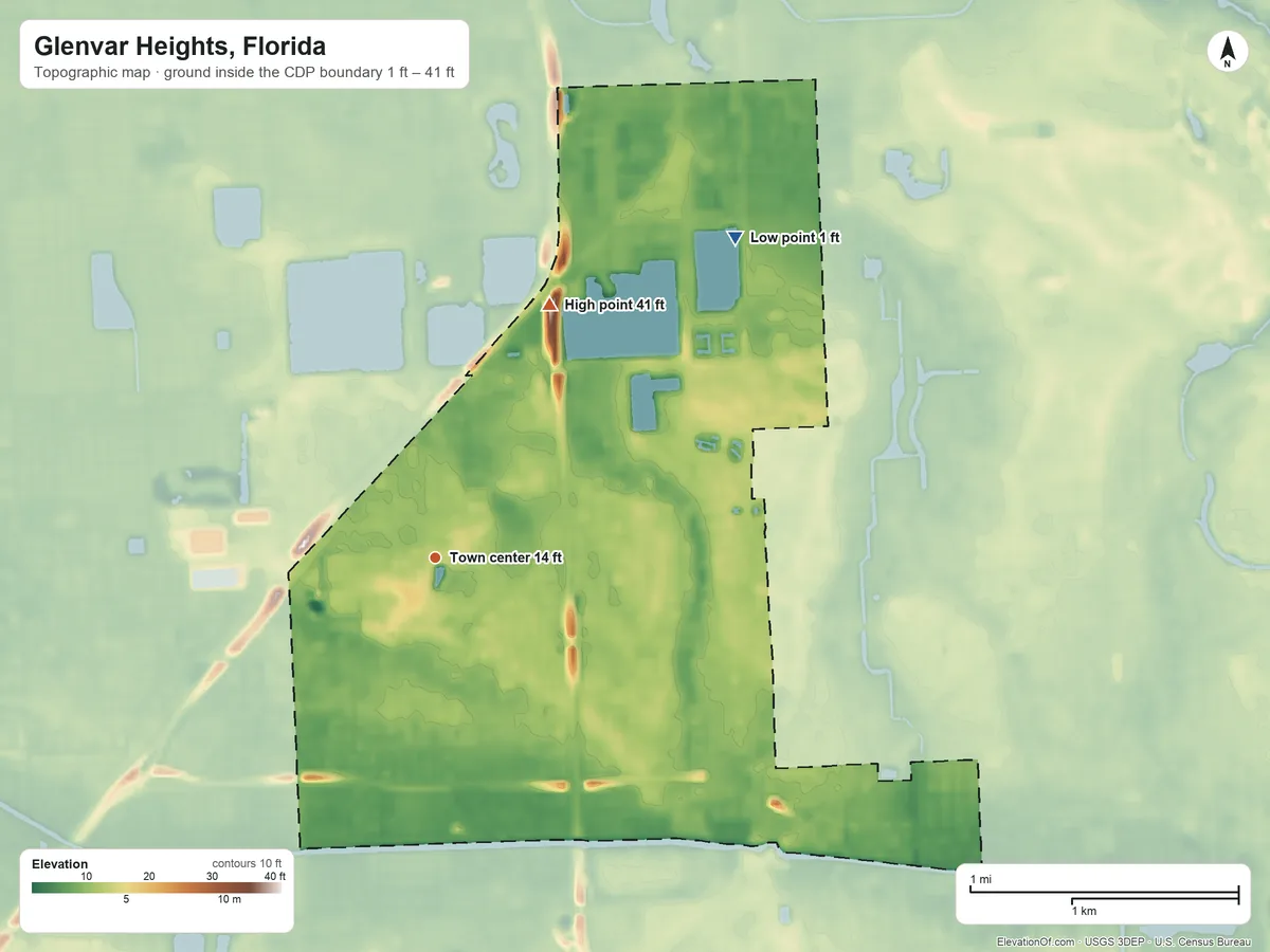 Topographic elevation map of Glenvar Heights, Florida, shaded from 1 ft on the northeast side to 41 ft on the northeast side