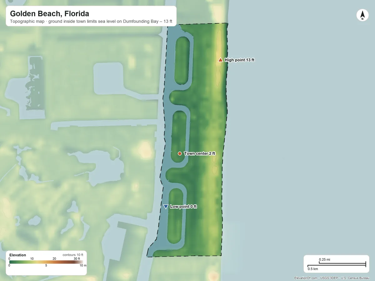 Topographic elevation map of Golden Beach, Florida, shaded from sea level level on Dumfounding Bay to 13 ft on the northeast side