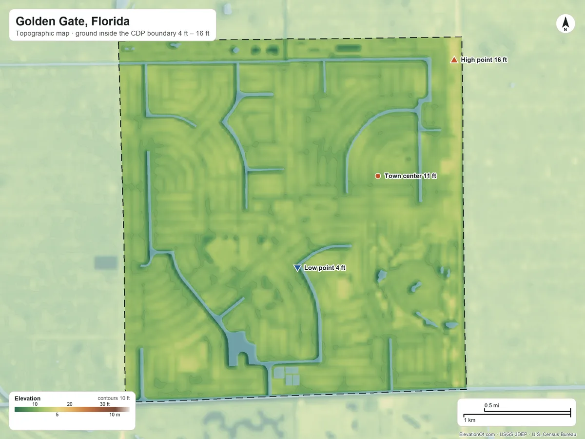 Topographic elevation map of Golden Gate, Florida, shaded from 4 ft on the southwest side to 16 ft on the northeast side