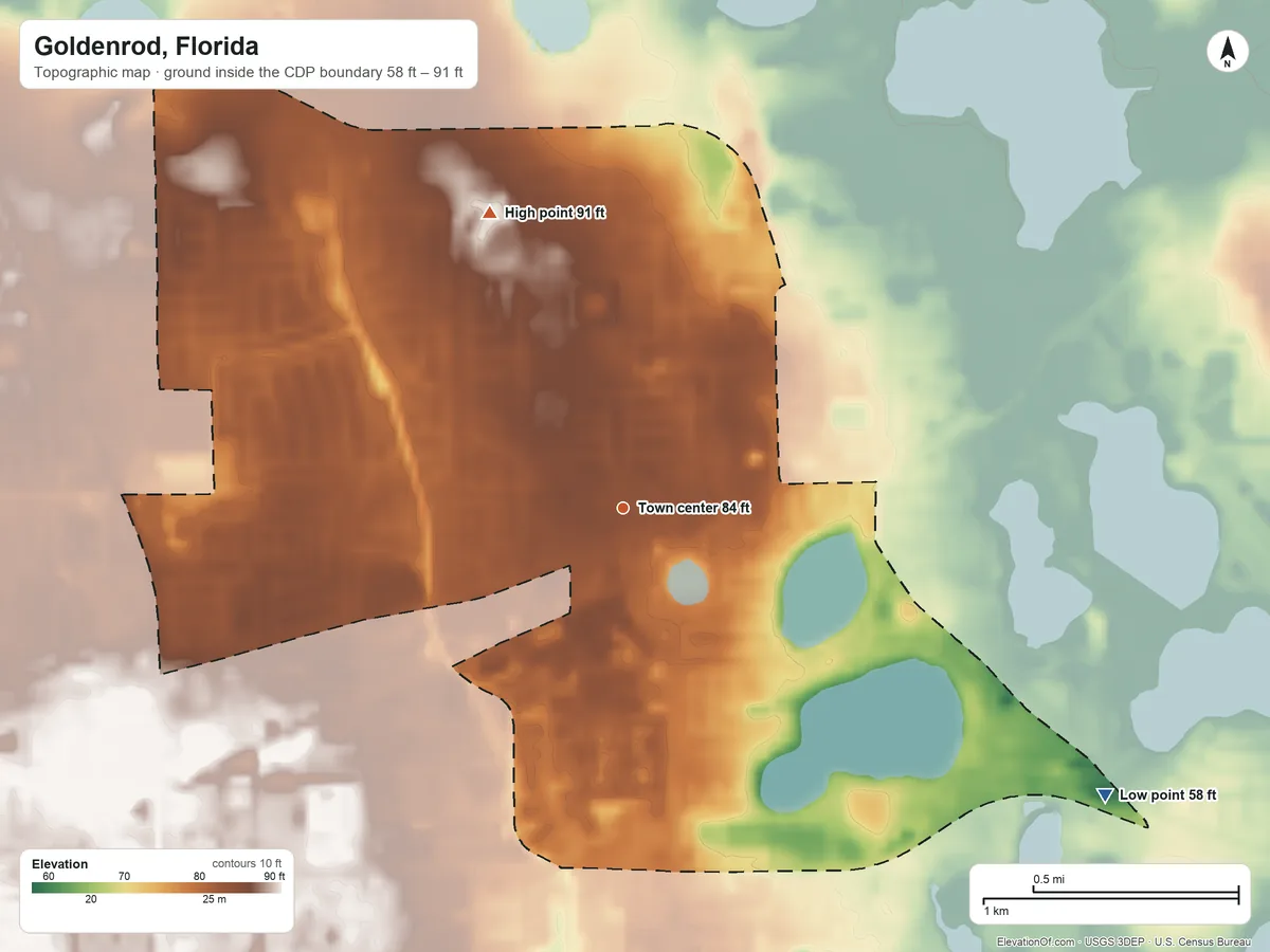 Topographic elevation map of Goldenrod, Florida, shaded from 58 ft on the southeast side to 91 ft on the northwest side