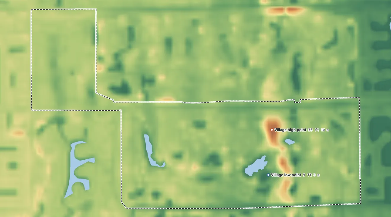 Topographic elevation map of Golf, Florida, shaded from 9 ft on the southeast side to 33 ft near the middle