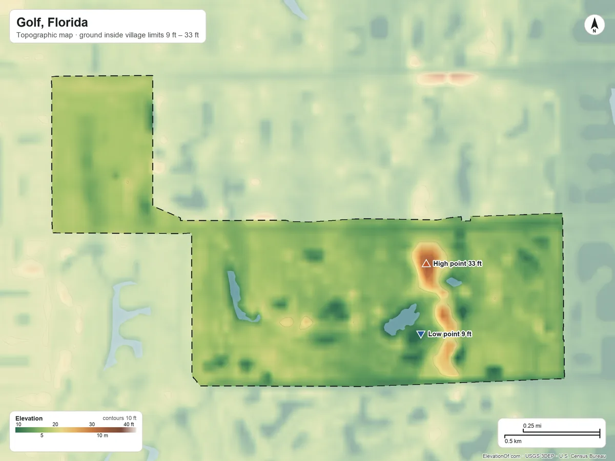 Topographic elevation map of Golf, Florida, shaded from 9 ft on the southeast side to 33 ft near the middle
