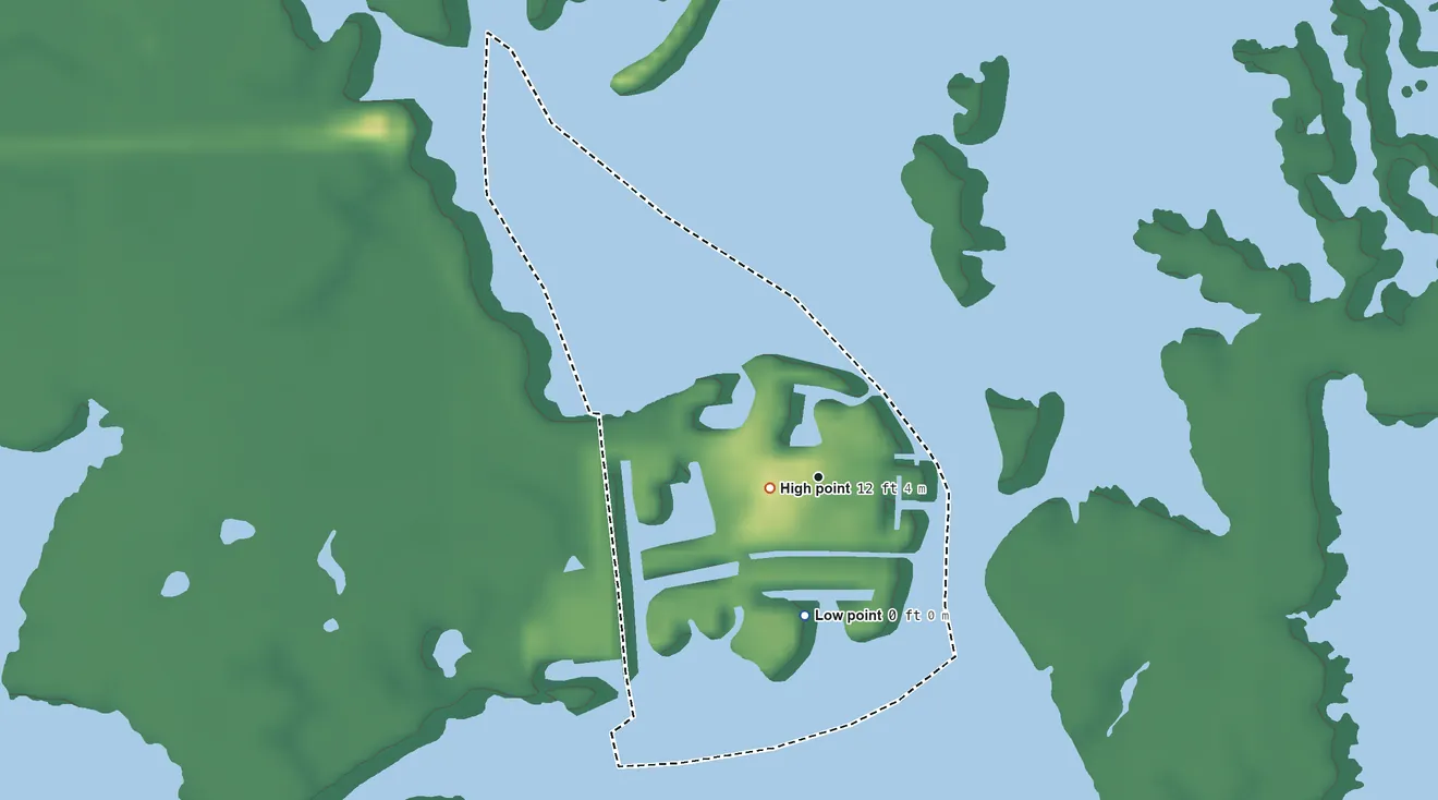 Topographic elevation map of Goodland, Florida, shaded from sea level level on the Gulf of America to 12 ft near the middle