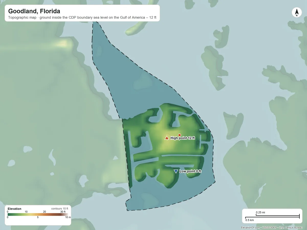 Topographic elevation map of Goodland, Florida, shaded from sea level level on the Gulf of America to 12 ft near the middle