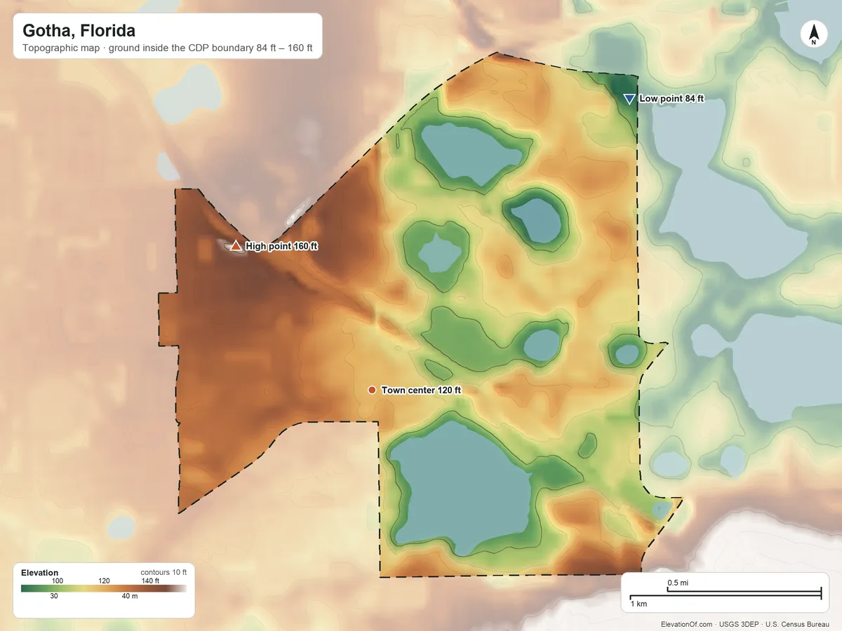 Topographic elevation map of Gotha, Florida, shaded from 84 ft on the northeast side to 160 ft on the northwest side
