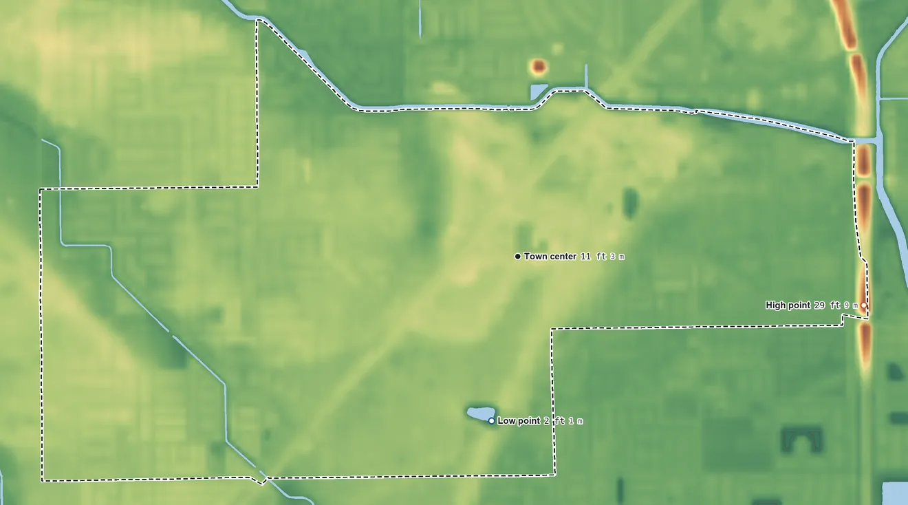 Topographic elevation map of Goulds, Florida, shaded from 2 ft on the south side to 29 ft on the east side