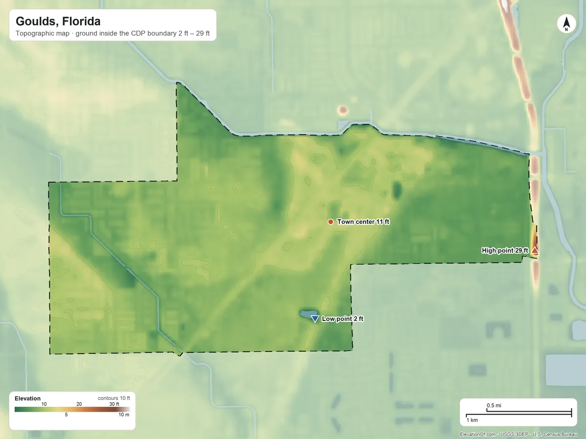 Topographic elevation map of Goulds, Florida, shaded from 2 ft on the south side to 29 ft on the east side
