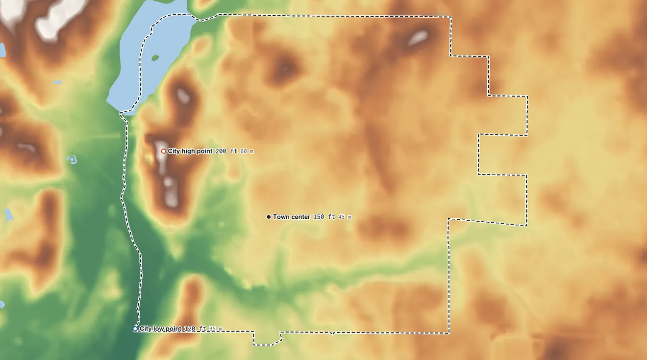 Topographic elevation map of Graceville, Florida, shaded from 120 ft on the southwest side to 200 ft on the northwest side