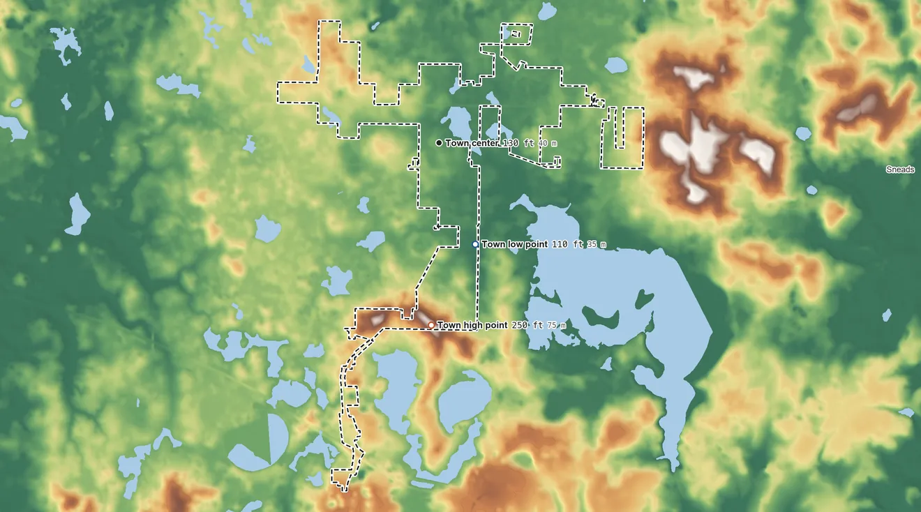 Topographic elevation map of Grand Ridge, Florida, shaded from 110 ft on the south side to 250 ft on the south side
