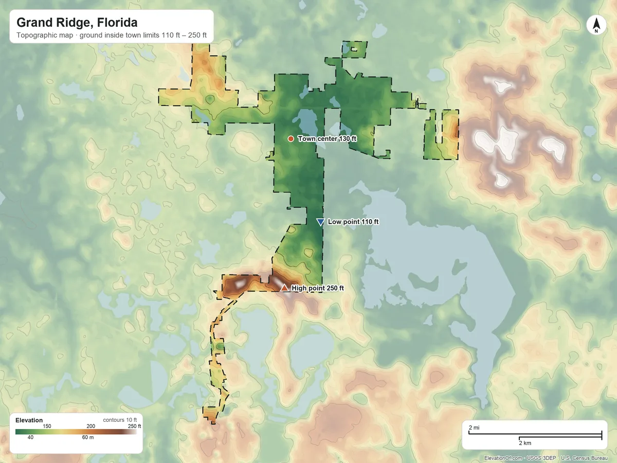 Topographic elevation map of Grand Ridge, Florida, shaded from 110 ft on the south side to 250 ft on the south side