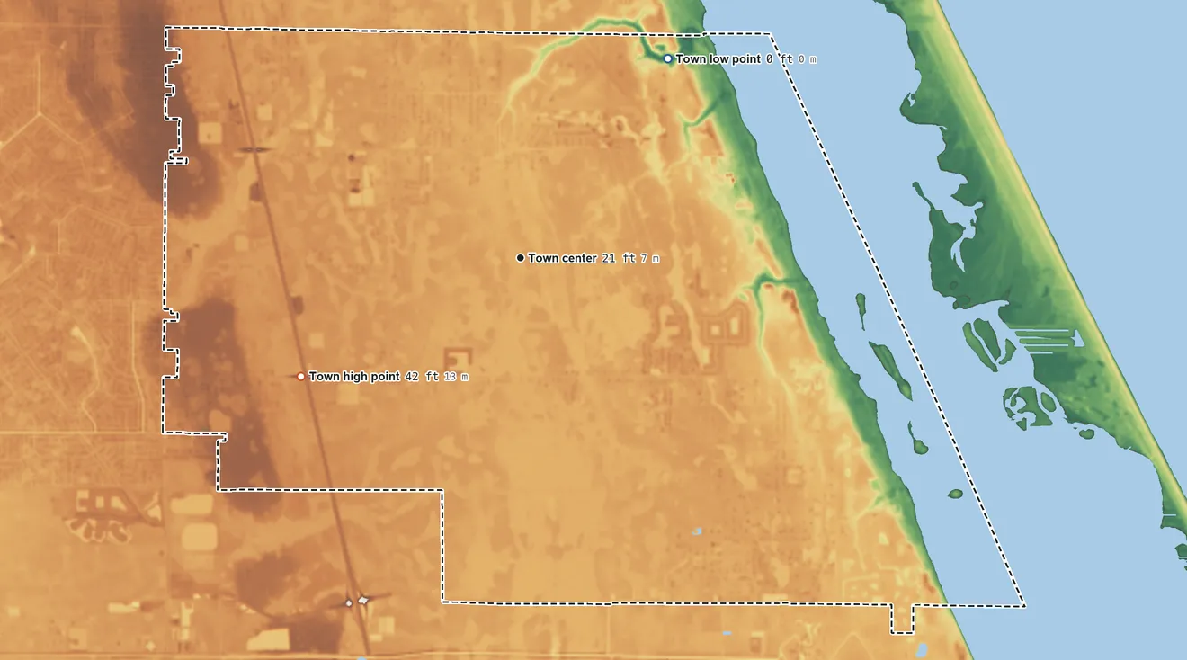 Topographic elevation map of Grant-Valkaria, Florida, shaded from 0 ft on the northeast side to 42 ft on the southwest side