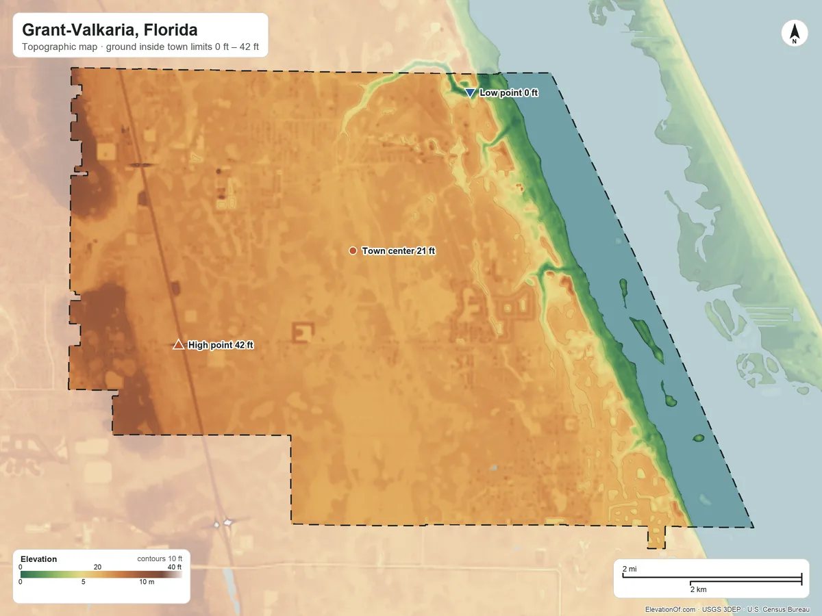 Topographic elevation map of Grant-Valkaria, Florida, shaded from 0 ft on the northeast side to 42 ft on the southwest side
