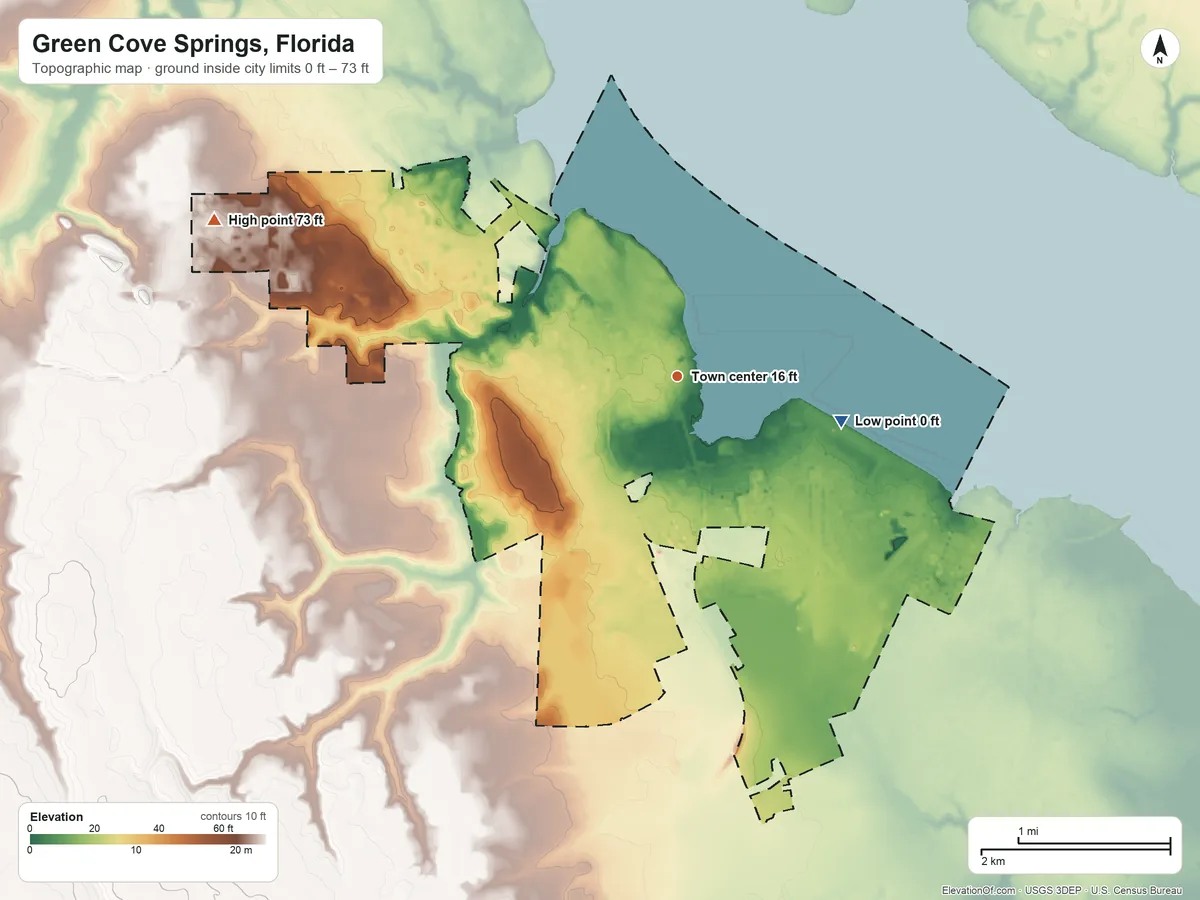 Topographic elevation map of Green Cove Springs, Florida, shaded from 0 ft on the east side to 73 ft on the west side