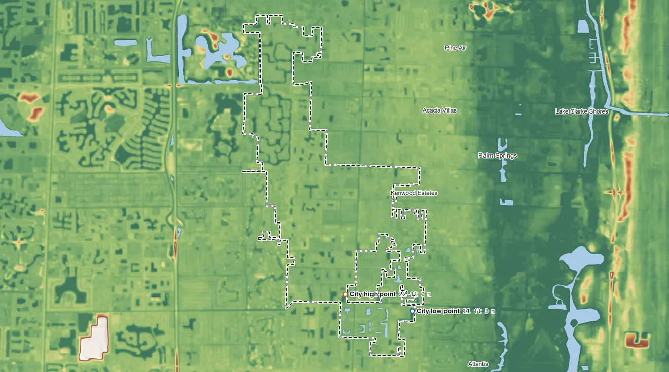 Topographic elevation map of Greenacres, Florida, shaded from 11 ft on the southeast side to 22 ft on the south side