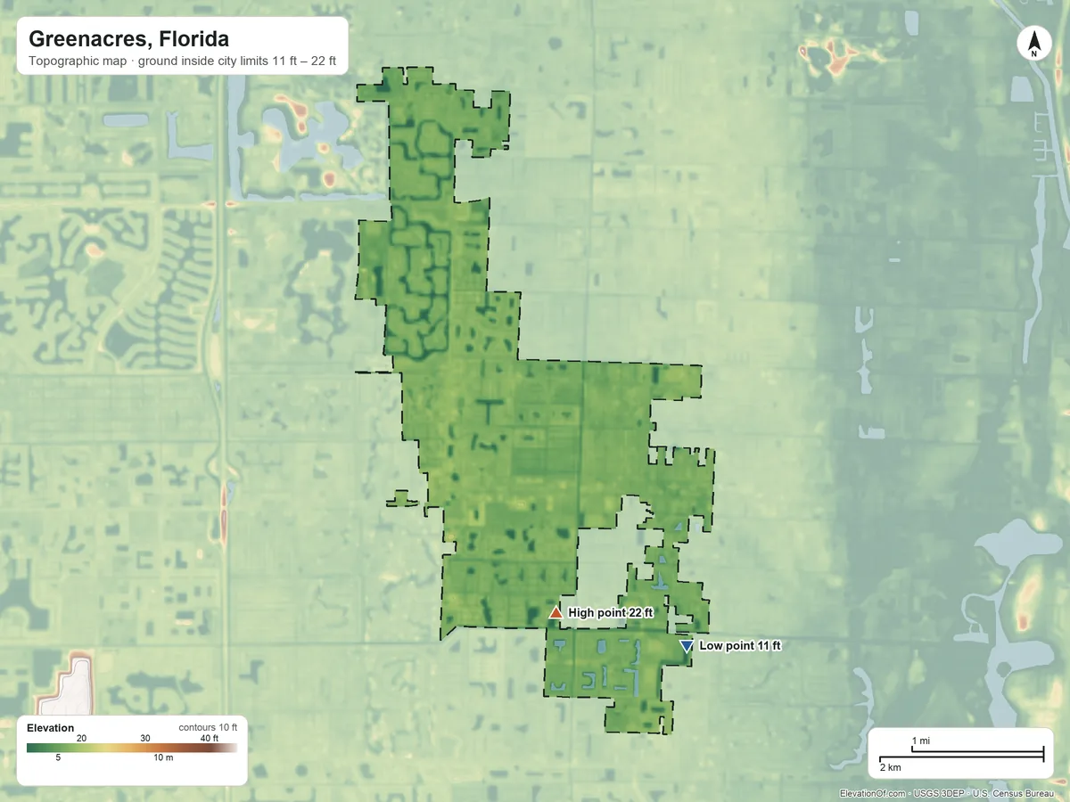 Topographic elevation map of Greenacres, Florida, shaded from 11 ft on the southeast side to 22 ft on the south side