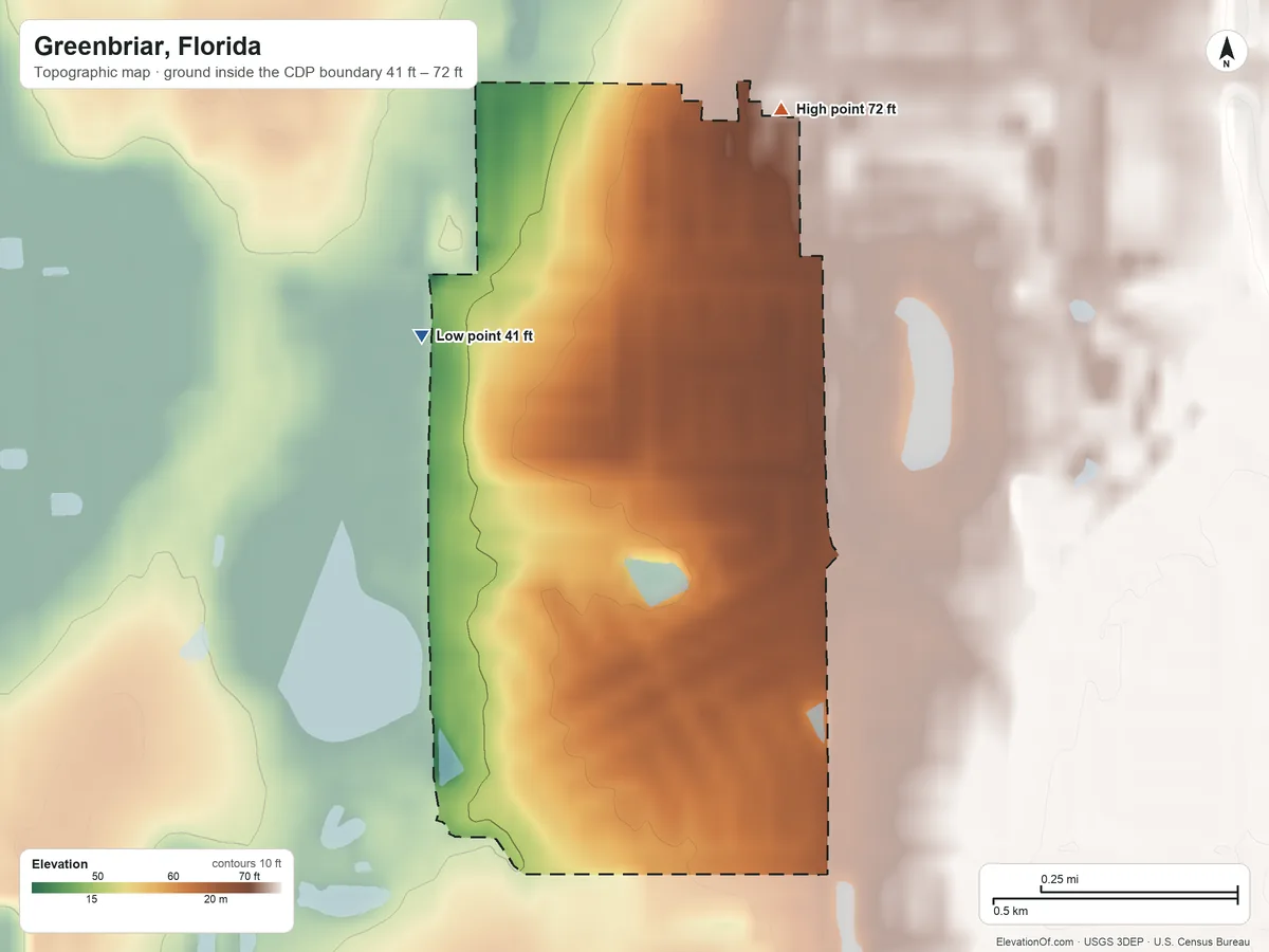 Topographic elevation map of Greenbriar, Florida, shaded from 41 ft on the northwest side to 72 ft on the north side