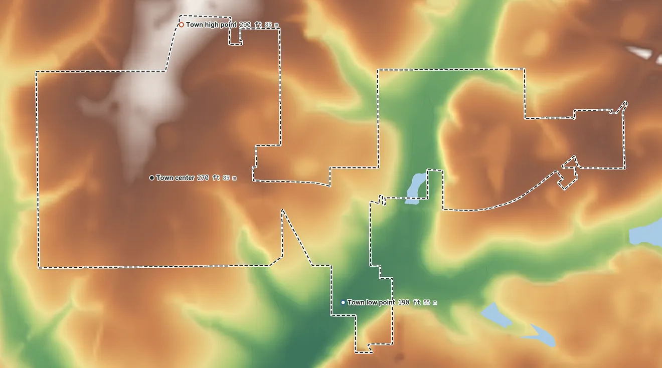 Topographic elevation map of Greensboro, Florida, shaded from 190 ft on the southeast side to 290 ft on the north side