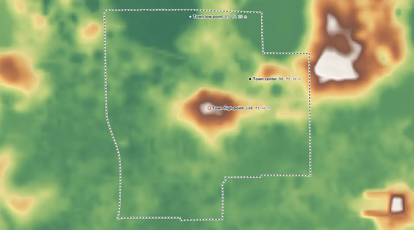 Topographic elevation map of Greenville, Florida, shaded from 85 ft on the northwest side to 140 ft on the southwest side