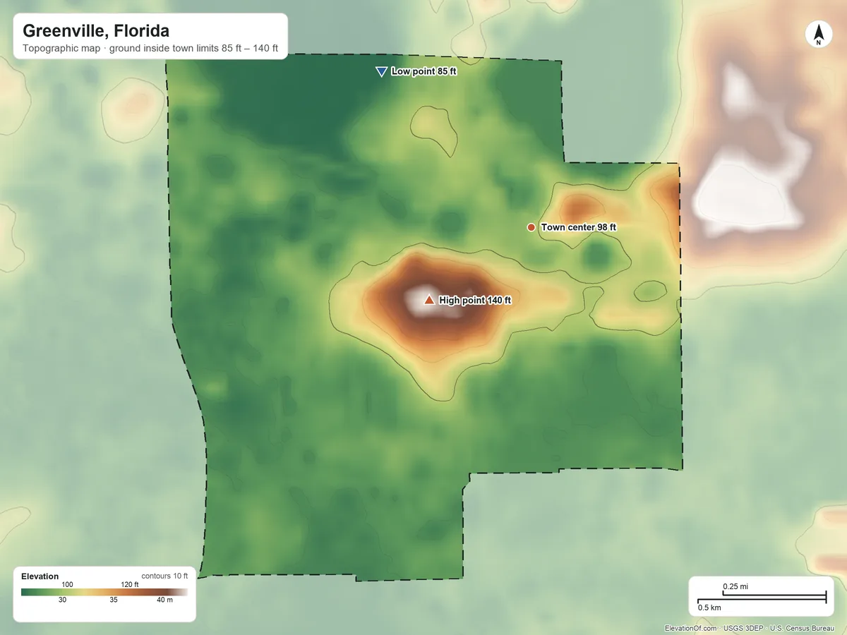 Topographic elevation map of Greenville, Florida, shaded from 85 ft on the northwest side to 140 ft on the southwest side