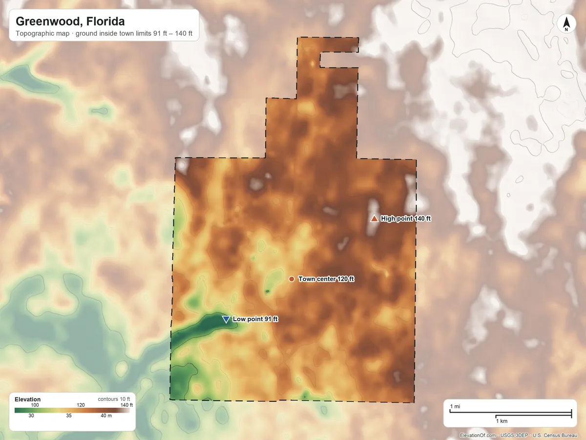 Topographic elevation map of Greenwood, Florida, shaded from 91 ft on the southwest side to 140 ft on the northeast side