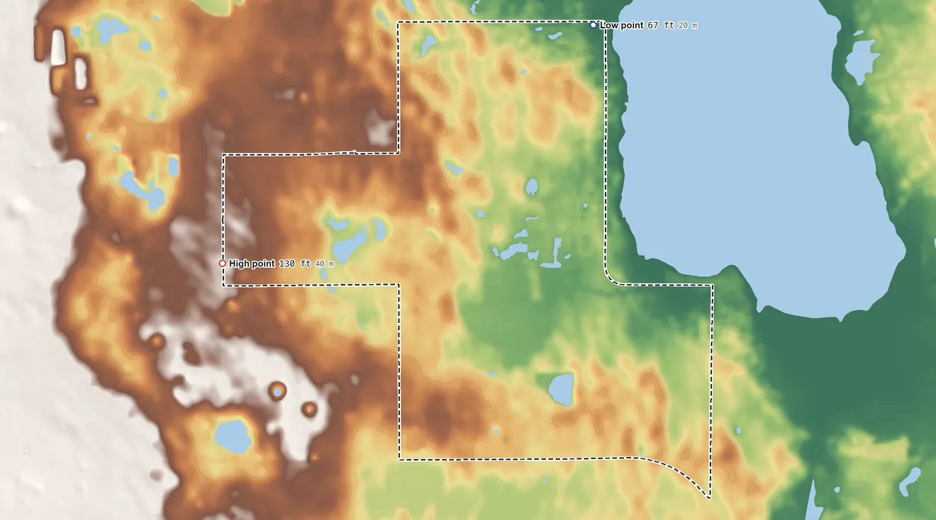 Topographic elevation map of Grenelefe, Florida, shaded from 67 ft on the northeast side to 130 ft on the west side