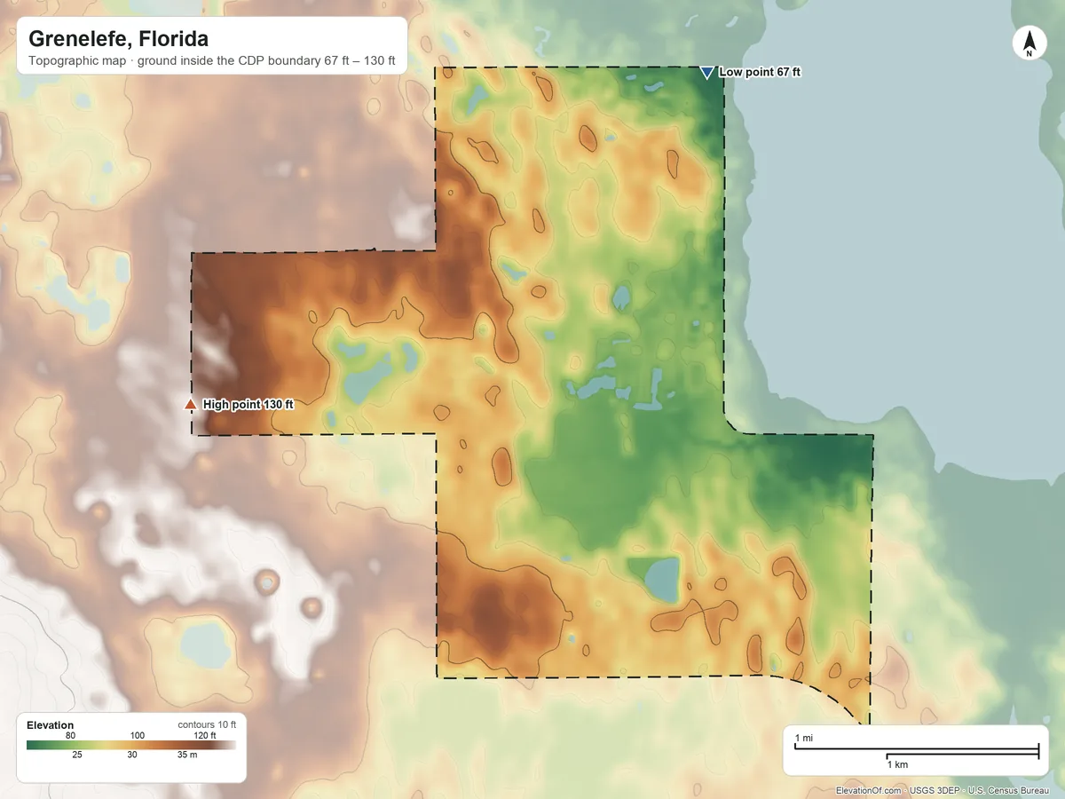 Topographic elevation map of Grenelefe, Florida, shaded from 67 ft on the northeast side to 130 ft on the west side