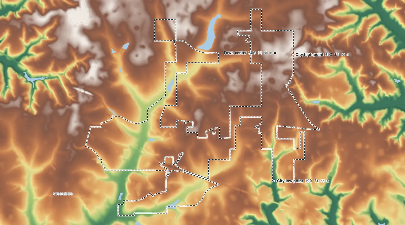 Topographic elevation map of Gretna, Florida, shaded from 190 ft on the south side to 300 ft near the middle