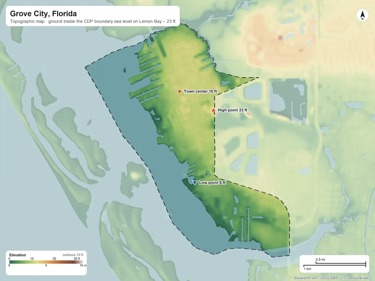 Topographic elevation map of Grove City, Florida, shaded from sea level level on Lemon Bay to 23 ft on the southeast side